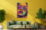 Woman's close-up pop art portrait in amber, magenta and teal, bold halftone illustration canvas for living room
