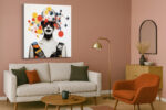 Monochrome woman with colorful geometric sphere network in red, yellow and blue, pop art mixed-media canvas print