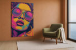 Woman's close-up pop art portrait in amber, magenta and teal, bold halftone illustration canvas for living room