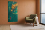 East Asian serpentine dragon in golden amber and deep teal over red-robed figure, dramatic fantasy portrait canvas