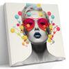 Black-and-white woman portrait with vivid molecular structures, red sunglasses, blue lips, bold mixed-media canvas