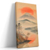 Volcanic mountain and red sun disc over a reflective lake, Japanese watercolor style wall art canvas for bedroom