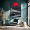 Vivid red sun behind a snow-capped mountain peak in silver-grey and charcoal, bold moody digital art canvas print