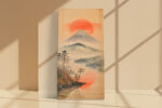 Volcanic mountain and red sun disc over a reflective lake, Japanese watercolor style wall art canvas for bedroom