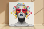 Black-and-white woman portrait with vivid molecular structures, red sunglasses, blue lips, bold mixed-media canvas