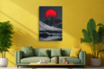 Vivid red sun behind a snow-capped mountain peak in silver-grey and charcoal, bold moody digital art canvas print