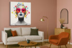 Black-and-white woman portrait with vivid molecular structures, red sunglasses, blue lips, bold mixed-media canvas