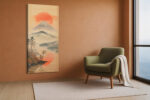 Volcanic mountain and red sun disc over a reflective lake, Japanese watercolor style wall art canvas for bedroom
