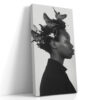 Side-profile portrait with birds and blossoms in natural hair, black and white digital art canvas for living room