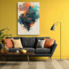 Solitary figure beneath a floating East Asian pavilion, burnt orange clouds and ink-drip lines, portrait canvas wall art