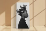Side-profile portrait with birds and blossoms in natural hair, black and white digital art canvas for living room