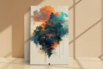 Solitary figure beneath a floating East Asian pavilion, burnt orange clouds and ink-drip lines, portrait canvas wall art