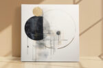 Bold dark circle and gold ellipse abstract geometric wall art canvas for living room and home office
