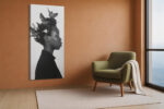 Side-profile portrait with birds and blossoms in natural hair, black and white digital art canvas for living room