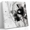 Bold black abstract silhouette with geometric arc lines and ink splatters, monochrome mixed-media canvas art for living room