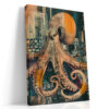 Giant octopus over city skyscrapers in terracotta and dark teal, bold mixed-media canvas for living room