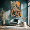 Giant octopus over city skyscrapers in terracotta and dark teal, bold mixed-media canvas for living room