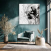 Bold black abstract silhouette with geometric arc lines and ink splatters, monochrome mixed-media canvas art for living room