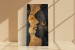 Stylized female face profile in amber gold and charcoal, dramatic mixed-media portrait canvas for bedroom or living room