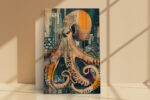 Giant octopus over city skyscrapers in terracotta and dark teal, bold mixed-media canvas for living room