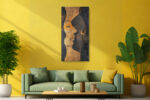 Stylized female face profile in amber gold and charcoal, dramatic mixed-media portrait canvas for bedroom or living room