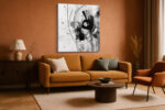 Bold black abstract silhouette with geometric arc lines and ink splatters, monochrome mixed-media canvas art for living room