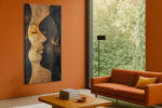 Stylized female face profile in amber gold and charcoal, dramatic mixed-media portrait canvas for bedroom or living room