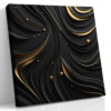 Abstract swirling waves with gold accent lines and spheres on near-black background, bold wall art canvas for living room