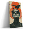 Monochrome woman with black crow and red-orange sun circles, bold mixed-media portrait canvas wall art