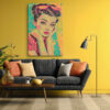 Bold pop art portrait of a woman in cat-eye sunglasses, teal and amber split background, digital art canvas print