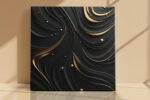 Abstract swirling waves with gold accent lines and spheres on near-black background, bold wall art canvas for living room