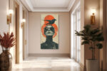 Monochrome woman with black crow and red-orange sun circles, bold mixed-media portrait canvas wall art