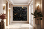 Abstract swirling waves with gold accent lines and spheres on near-black background, bold wall art canvas for living room