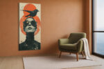 Monochrome woman with black crow and red-orange sun circles, bold mixed-media portrait canvas wall art