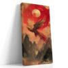Mythical phoenix in flight against a crimson sun and gold moon, ink-style wall art canvas for living room or dining room