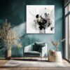 Abstract ink swirls and radiating lines in black, grey, and amber gold on white u2014 bold contemporary wall art canvas