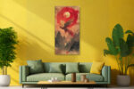 Mythical phoenix in flight against a crimson sun and gold moon, ink-style wall art canvas for living room or dining room