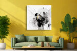 Abstract ink swirls and radiating lines in black, grey, and amber gold on white u2014 bold contemporary wall art canvas