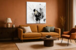 Abstract ink swirls and radiating lines in black, grey, and amber gold on white u2014 bold contemporary wall art canvas