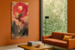 Mythical phoenix in flight against a crimson sun and gold moon, ink-style wall art canvas for living room or dining room