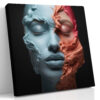Split-face portrait in pale blue and terracotta, closed eyes with flowing paint, digital art canvas for living room