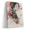 Woman portrait with cherry blossom branches and ink splatter in pink, red and charcoal, mixed-media canvas wall art