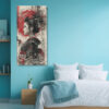 Woman in profile with black kimono and red brushstroke halo, mixed-media portrait canvas for living room or home office
