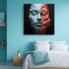 Split-face portrait in pale blue and terracotta, closed eyes with flowing paint, digital art canvas for living room