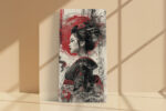 Woman in profile with black kimono and red brushstroke halo, mixed-media portrait canvas for living room or home office