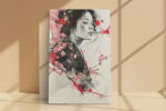 Woman portrait with cherry blossom branches and ink splatter in pink, red and charcoal, mixed-media canvas wall art
