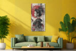 Woman in profile with black kimono and red brushstroke halo, mixed-media portrait canvas for living room or home office