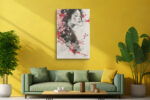 Woman portrait with cherry blossom branches and ink splatter in pink, red and charcoal, mixed-media canvas wall art