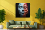 Split-face portrait in pale blue and terracotta, closed eyes with flowing paint, digital art canvas for living room