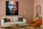 Split-face portrait in pale blue and terracotta, closed eyes with flowing paint, digital art canvas for living room